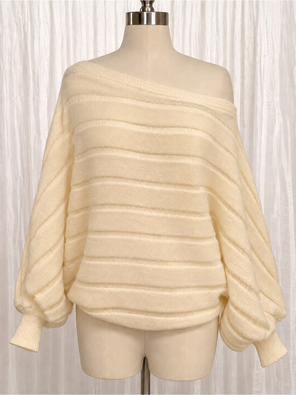 Cream Off-Shoulder Ribbed Knit Sweater